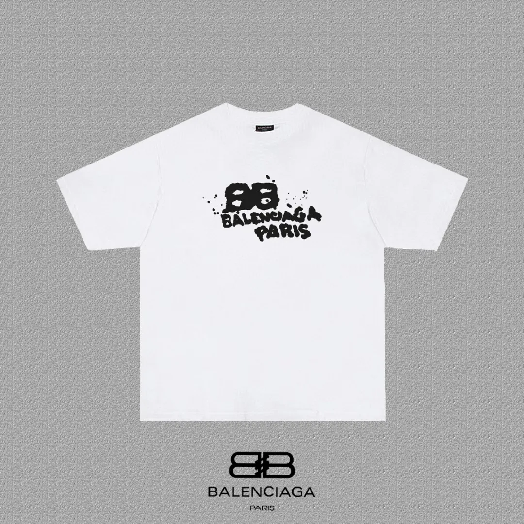 P80✨🔥 BALENCIAGA Paris lettering printed short-sleeved T-shirt, custom-woven and dyed 280g combed cotton heavyweight fabric, zero color difference in thread, perfect details, different from the current version on the market, welcome to compare, Same Style for men and women, must-sell in the picture above Color: White Black Size: 1 2 3 4